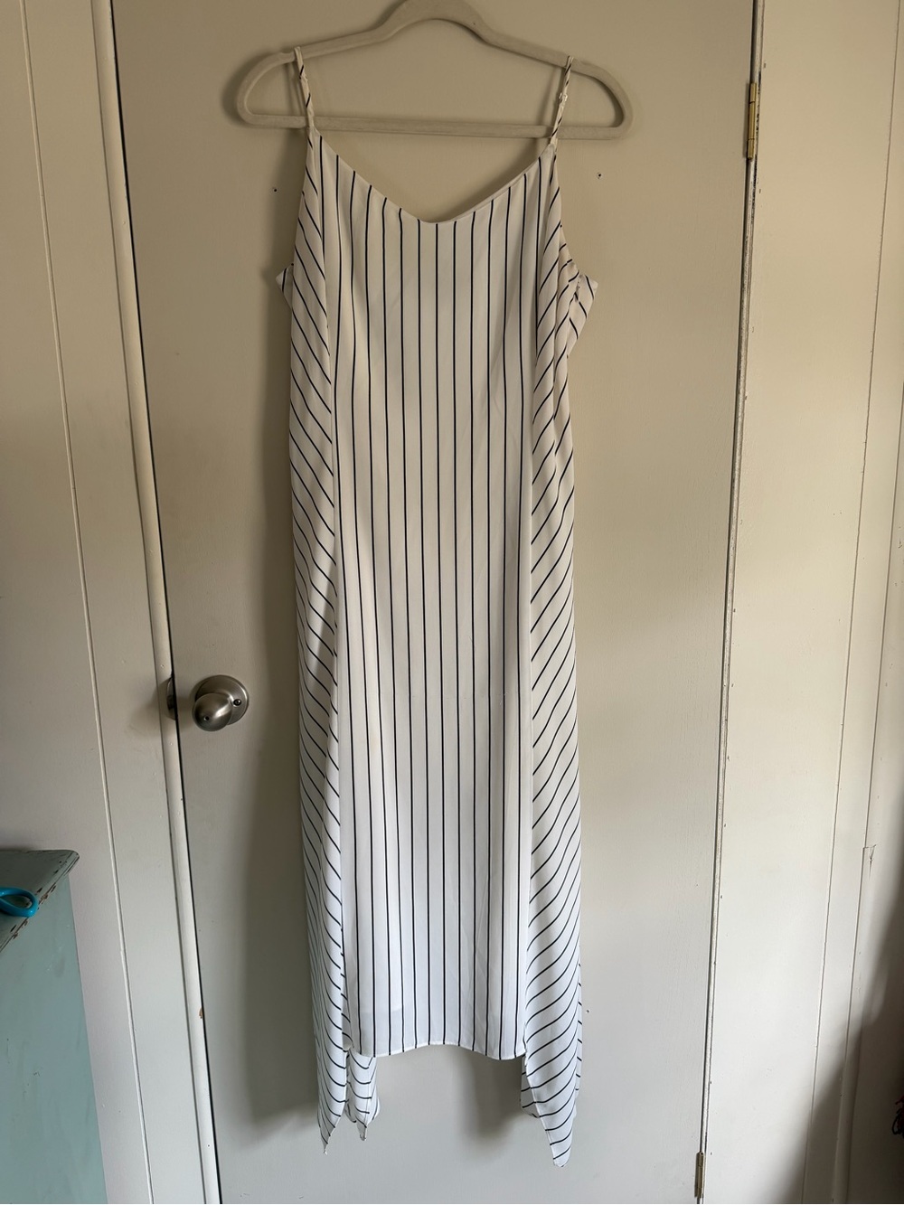 Banana Republic White Maxi Dress with black Pinstripes